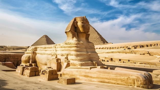 Opname van een historische sfinx in het midden van een typisch Egyptisch landschap onder de heldere lucht