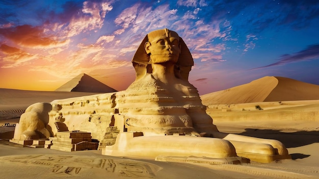 Opname van een historische sfinx in het midden van een typisch Egyptisch landschap onder de heldere lucht