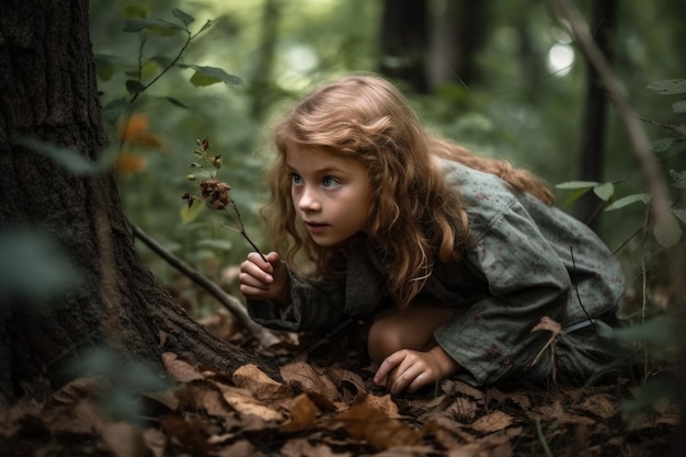 Opname van een jong meisje dat in het bos speelt gemaakt met generatieve AI