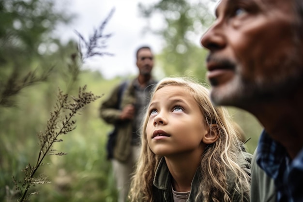 Opname van een jong meisje dat naar de natuur kijkt met haar ouders op de achtergrond gemaakt met generatieve AI