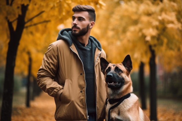 Opname van een jonge man die een wandeling maakt in het park met zijn hond gemaakt met generatieve AI