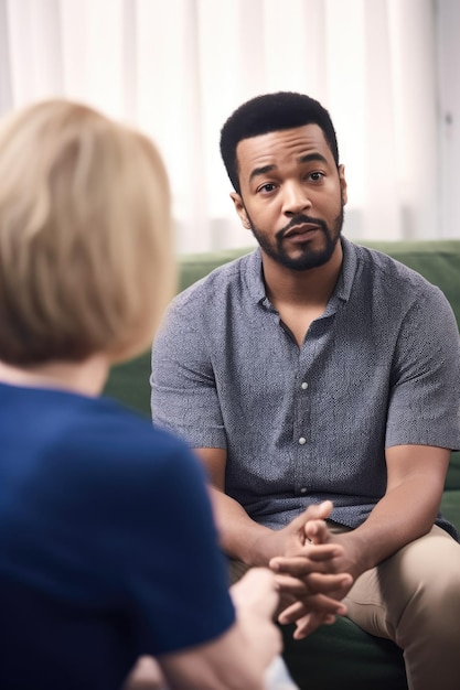 Opname van een jonge man die met een oudere vrouw praat bij een ondersteuningsgroep