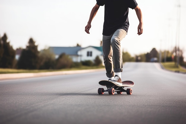 Opname van een jonge man die met zijn skateboard de weg af schaatst, gemaakt met generatieve AI