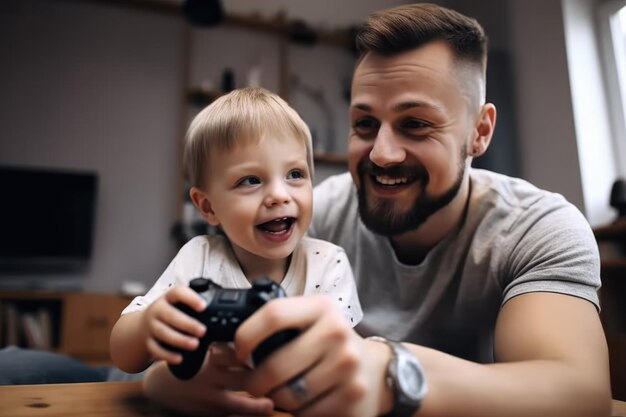 Opname van een jonge man die thuis met zijn kleine zoon speelt gemaakt met generatieve AI