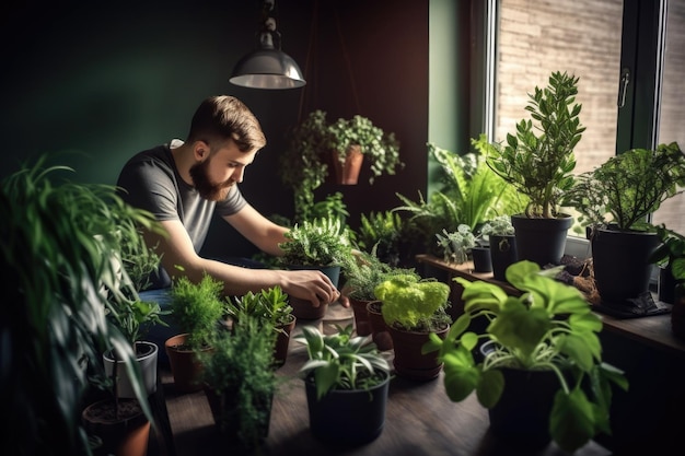 Opname van een jonge man die zich bezighoudt met planten binnen, gemaakt met generatieve AI