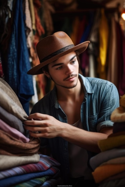 Opname van een jonge man met een hoed die door stof bladert op een markt die is gemaakt met generatieve AI