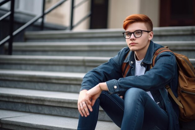 Foto opname van een jonge mannelijke student die op de trap zit op de campus gemaakt met generatieve ai