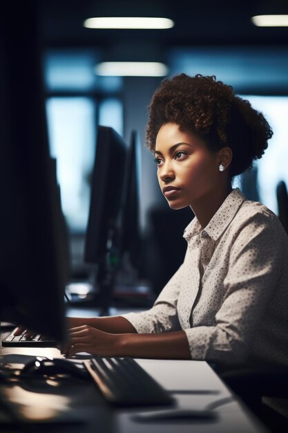 Opname van een jonge vrouw die aan haar computer werkt in het kantoor gemaakt met generatieve AI