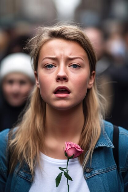 Foto opname van een jonge vrouw die geschokt kijkt ter ondersteuning van een activist