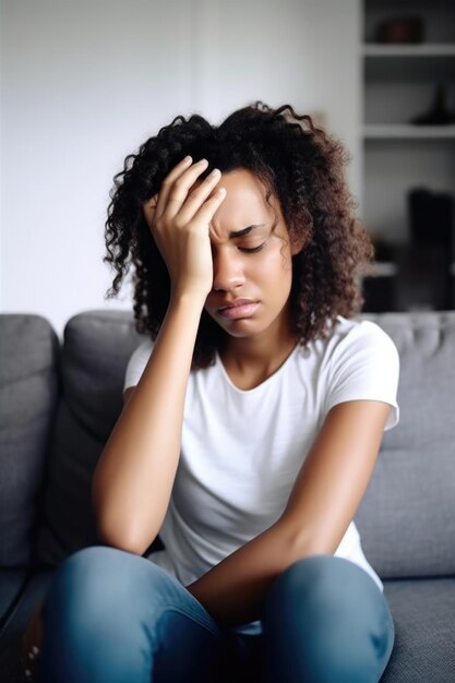 Opname van een jonge vrouw die haar hoofd in pijn vasthoudt op een bank thuis.