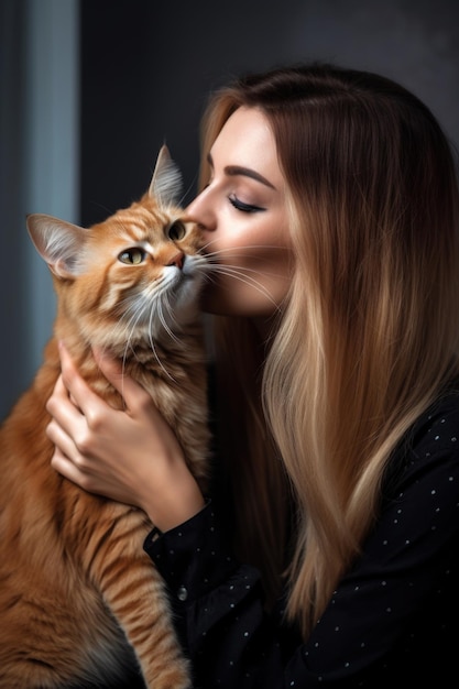 Opname van een jonge vrouw die haar kat een kus geeft
