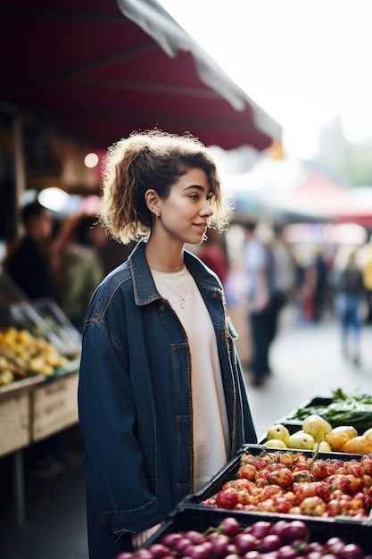 Opname van een jonge vrouw die winkelt op een openluchtmarkt gemaakt met generatieve AI