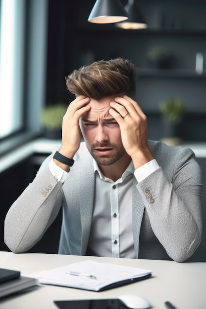 Opname van een jonge zakenman die gestrest lijkt aan zijn bureau in een modern kantoor