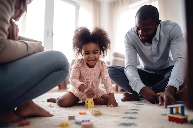 Opname van een klein meisje dat thuis met haar ouders speelt gemaakt met generatieve AI