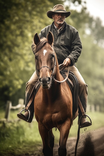 Opname van een man die op zijn paard op een boerderij rijdt