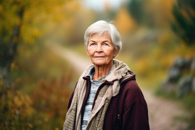 Opname van een oudere vrouw die alleen in de natuur staat en naar de camera kijkt gemaakt met generatieve AI