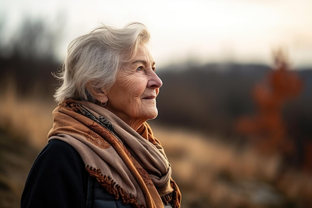 Opname van een oudere vrouw die geniet van de buitenlucht gemaakt met generatieve AI