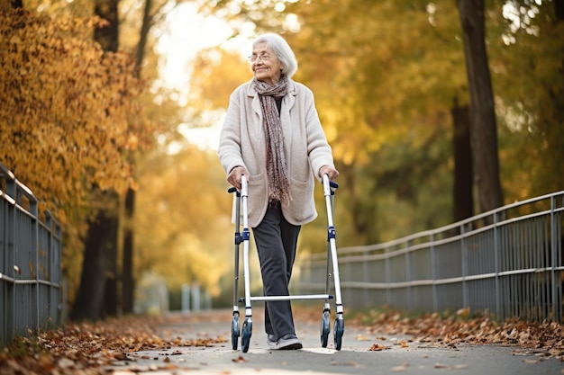 Opname van een oudere vrouw met een wandelaar buiten gemaakt met generatieve AI