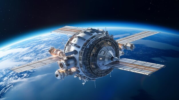 Foto opname van een ruimtestation in een baan rond een planeet generatieve ai