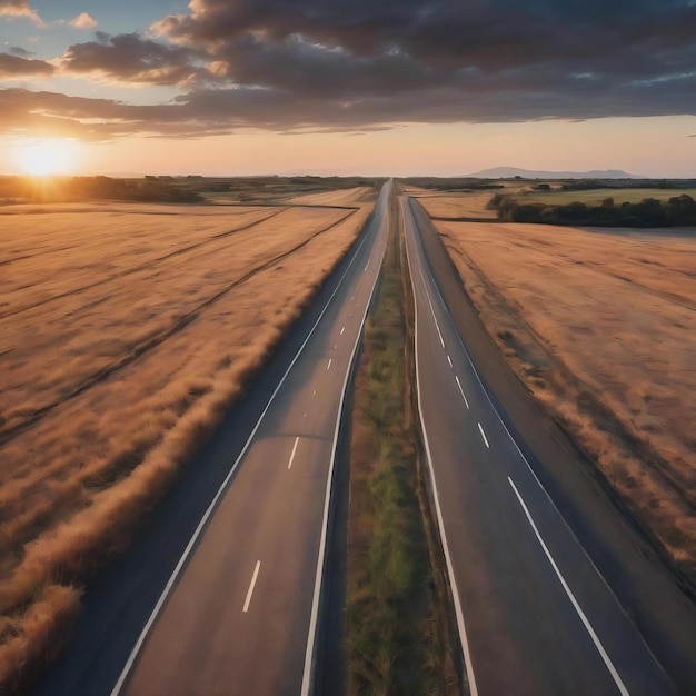 Opname van een snelweg omringd door gedroogde grasvelden onder een hemel tijdens zonsondergang