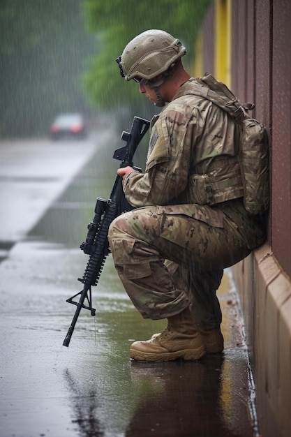 Opname van een soldaat die zijn geweer controleert terwijl hij in de regen staat gemaakt met generatieve AI