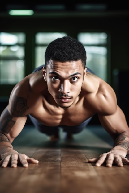 Opname van een vastberaden jonge man die pushups doet tijdens zijn workout