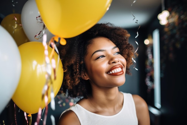 Opname van een vrolijke jonge vrouw die geniet van haar verjaardagsfeestje gemaakt met generatieve AI