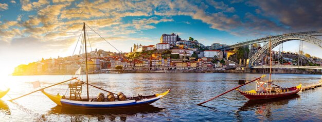 Oporto city and Ribeira over Douro river from Vila Nova de Gaia Portugal