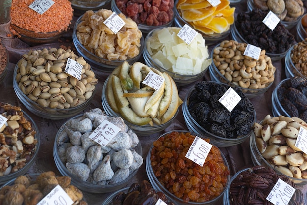 OPORTO PORTUGAL 28072022 Showcase with Dried fruits and nuts typical Portuguese products