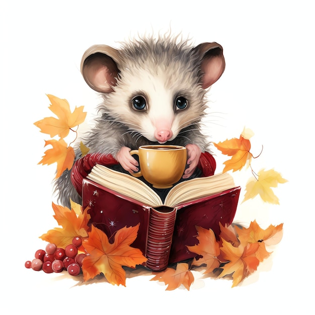 가을 숲에서 책과 머그컵을 들고 있는 주머니쥐
