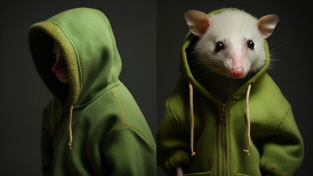 Foto un opossum con un cappuccio verde e un cappuccino verde