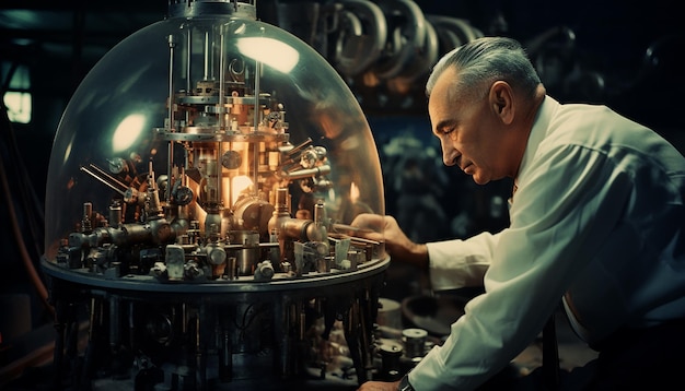 Foto oppenheimer sta lavorando sui dettagli della bomba nucleare in un laboratorio in cui uno scienziato sta effettuando ricerche