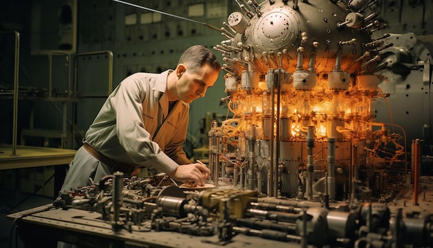 Oppenheimer werkt aan details van kernbommen in een laboratorium dat wetenschappers onderzoeken