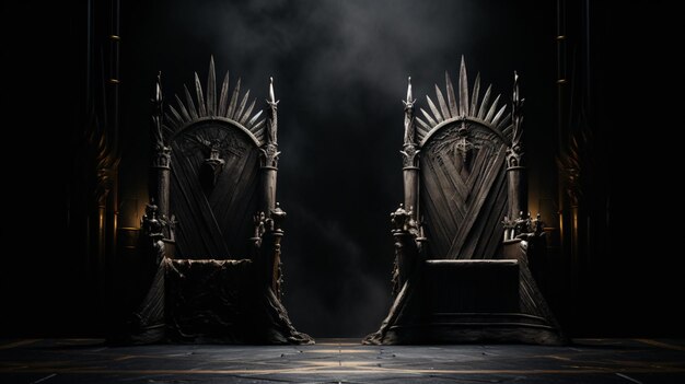 Opposing two thrones standing on a black surface