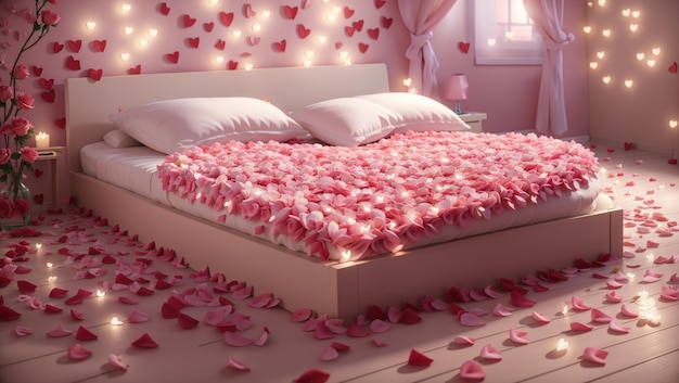 Oprechte romantiek Een bed versierd met bloemblaadjesperfectie