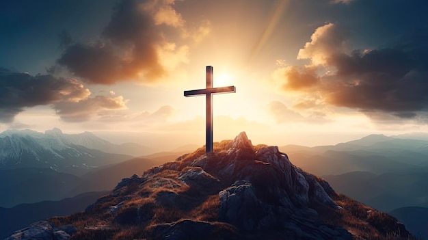 Opstanding en Verlossing Christelijk kruis op dramatische zonsondergang achtergrond met Jezus Christus Icon