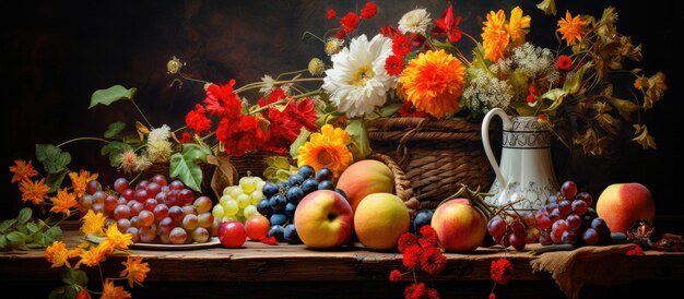 Opstelling van gereedschappen, fruit en bloemen