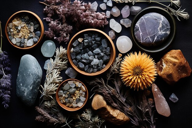 Foto opstelling van natuurlijke spa-objecten geodes, kristallen, gedroogde bloemen, dennenappels, rivierrotsen