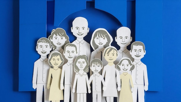Opstelling van papierfamilie op blauwe achtergrond met kopieerruimte