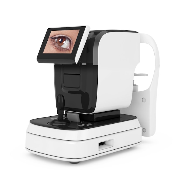 Photo optical auto refractometer eye test machine on a white background. 3d rendering