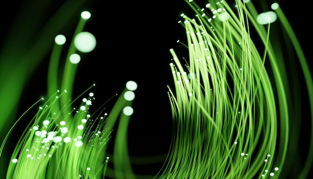 녹색 빛이 나는 광섬유. AI 기술, 과학, 디지털 및 통신 개념. 3d 렌더링