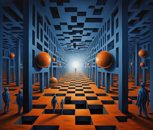 青とオレンジの背景の部屋の光学錯覚は,チェッカーの床に多くのボールで満たされています