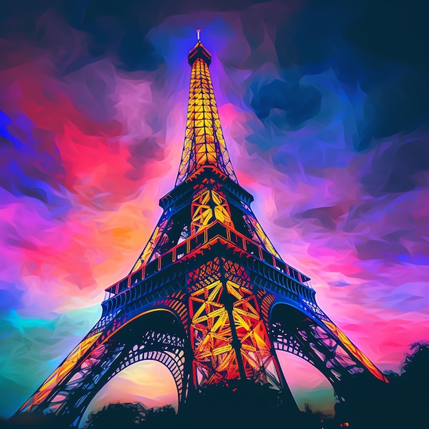 Optical Illusions of Paris Eiffel Tower Sunset Wallpaper in Picassoesque Style with Neon Color Pale