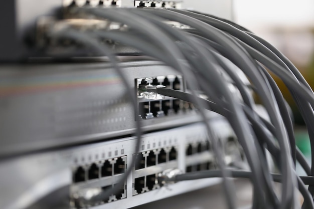 Optical mains cables connected to main server closeup