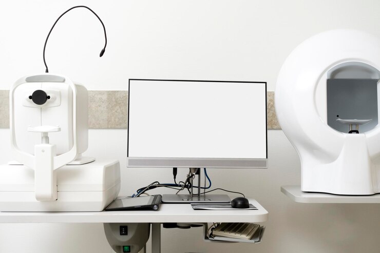 Photo optician cabinet with optometry equipment and work table health care concept