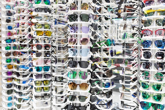 Optics showcase with glasses for vision with a large selection of frames