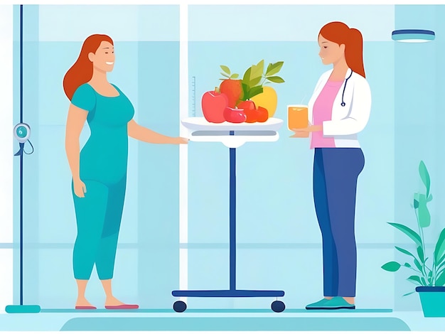 Optimalisatie van de gezondheid Voedingsdeskundige meet het gewicht van de patiënt op medische schalen in de kliniek