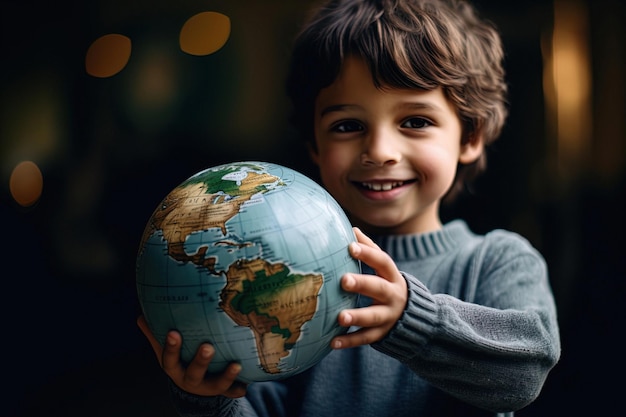 Foto bambino ottimista che tiene in braccio il globo terrestre nella giornata mondiale dell'infanzia, simbolo universale del potenziale giovanile