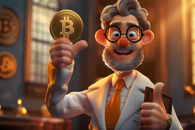 Optimistic Cryptocurrency Enthusiast 3D Character Holding Bitcoin with More Bitcoins in WarmHued Background