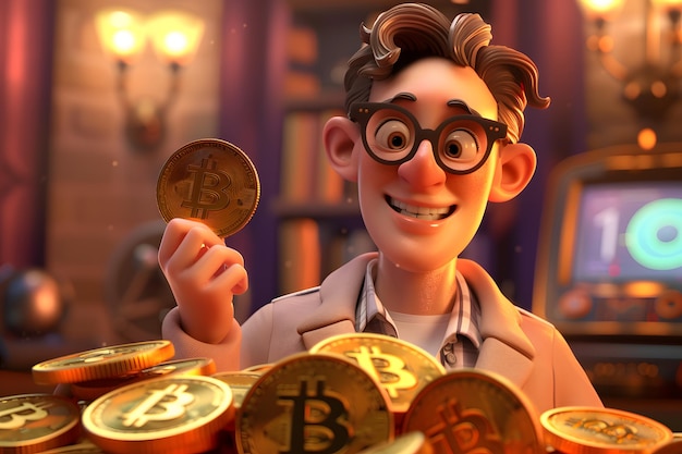 Optimistic Cryptocurrency Enthusiast 3D Character Holding Bitcoin with More Bitcoins in WarmHued Background